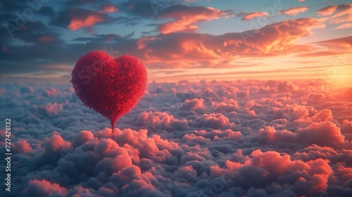 Serduszko w kształcie balonu unoszące się na niebie w ramach tematu walentynkowego, kochania oraz romansu. photo