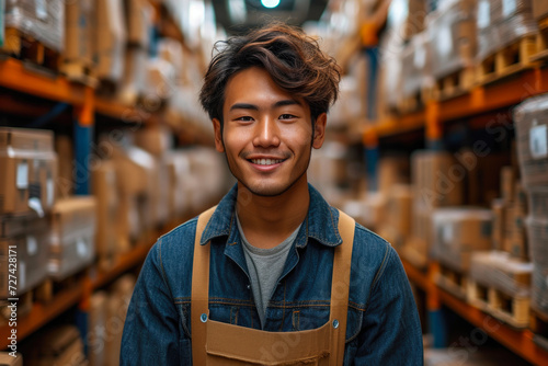 Smiling Asian Laborer Moving Packages in Well-Lit Storage
