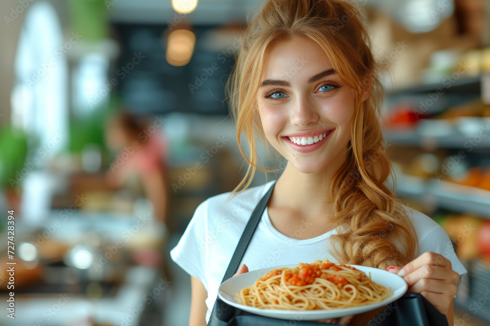 Plate of Joy: Smiling Woman's Pasta Moment