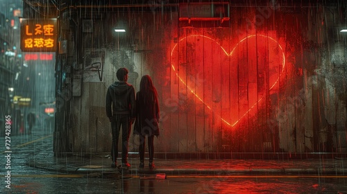 Mężczyzna i kobieta stoją przed neonowym sercem, w temacie walentynkowym, kochania oraz romansu.