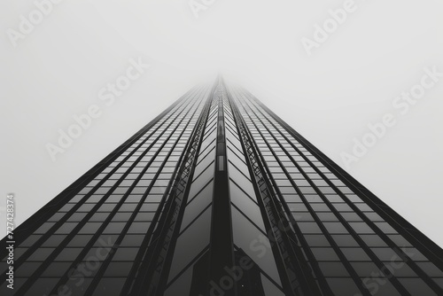 A monochrome skyscraper towers over the foggy city, its windows reflecting the sky above, a symbol of modernity and commerce