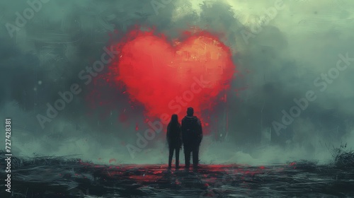 Dwie osoby stojące przed czerwonym sercem, obrazujące temat walentynkowy, kochanie oraz romans.