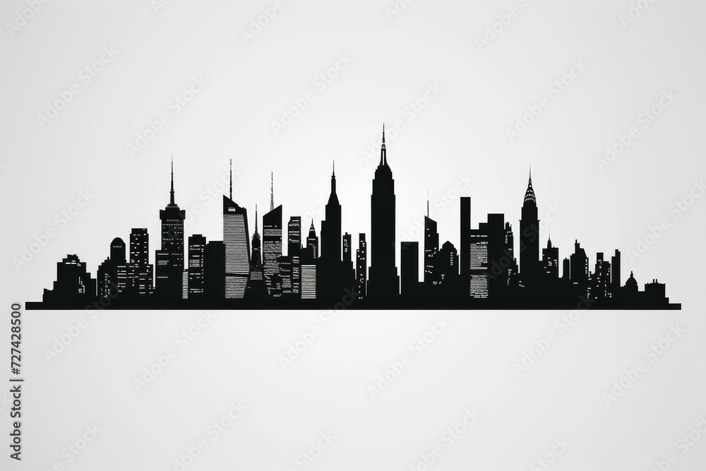 A dark, monochromatic cityscape looms against the sky, with towering skyscrapers and buildings casting a striking silhouette that evokes a sense of urban grandeur and mystery