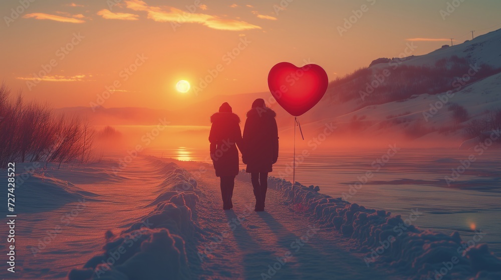Dwie osoby spacerujące po śniegu mijając balon w kształcie serca podczas zachodu śłońca