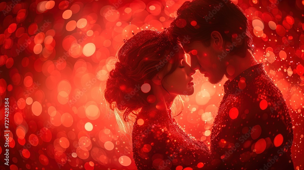 Para całuje się przed czerwonym tłem w stylu bokeh, wyrażając miłość i romantyzm w dniu Walentynek. - obrazy, fototapety, plakaty 