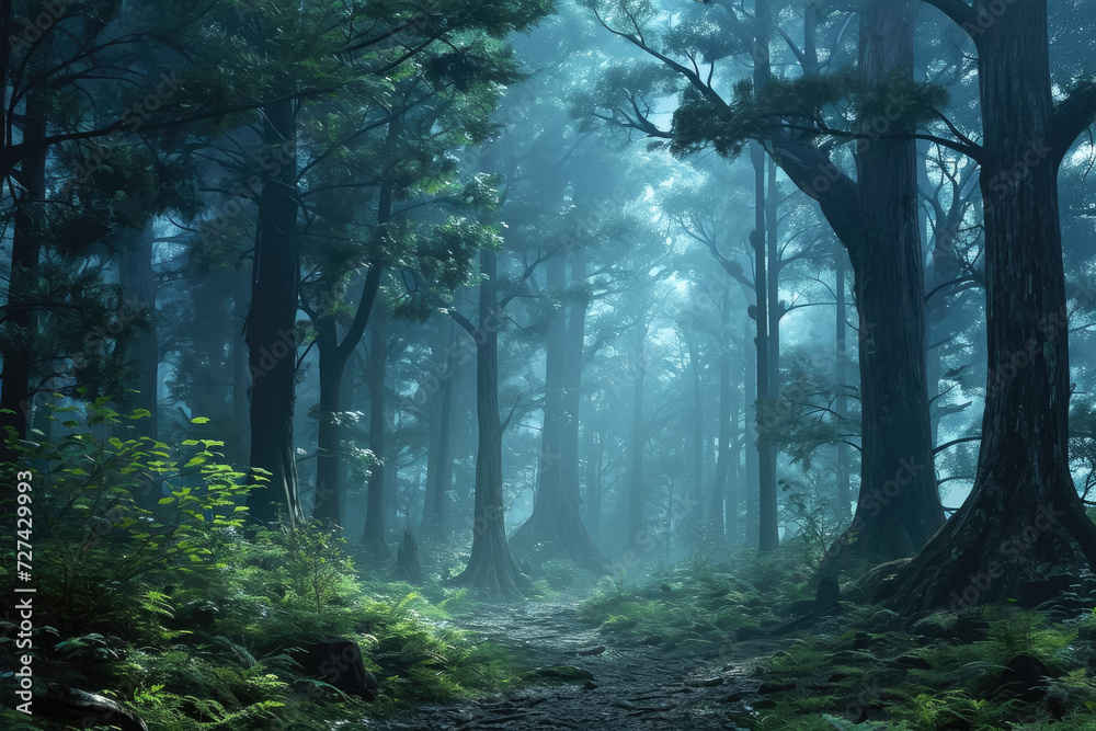 Design a mystical forest with towering trees and a foggy atmosphere Design a mystical forest with towering trees and a foggy atmosphere