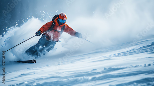A skier in a full ski suit, dressed in a dark orange jacket, gliding down a thrilling white snow track. Healthy winter holiday, downhill skiing, adrenaline rush. Created with Generative AI.