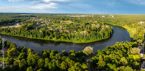 Aerial panoramic view of Lithuanian resort Druskininkai. Druskininkai in autumn colours, drone picture of multi coloured trees in most beautiful city of Druskininkai in Lithuania