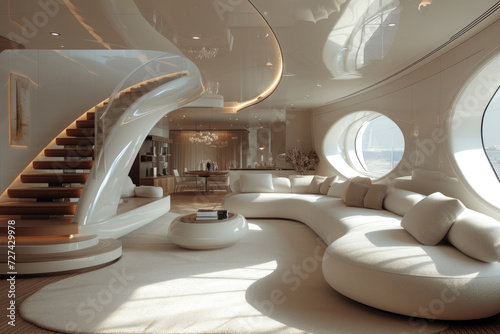 A Living Room Filled With Abundant White Furniture, yacht interior