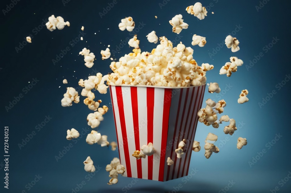 Popcorn and movie tickets. Delicious popcorn in a red striped carton box on a dark background with copy space. Bucket of cinema popcorn in a red and white box with exploding popcorn pieces. Movie time