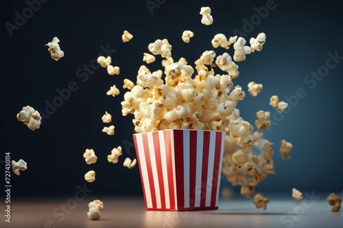 Popcorn and movie tickets. Delicious popcorn in a red striped carton box on a dark background with copy space. Bucket of cinema popcorn in a red and white box with exploding popcorn pieces. Movie time © Rayan Heaven