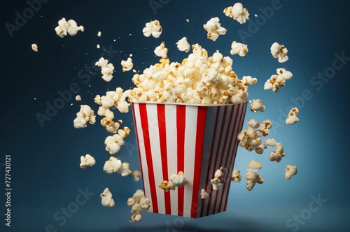 Popcorn and movie tickets. Delicious popcorn in a red striped carton box on a dark background with copy space. Bucket of cinema popcorn in a red and white box with exploding popcorn pieces. Movie time