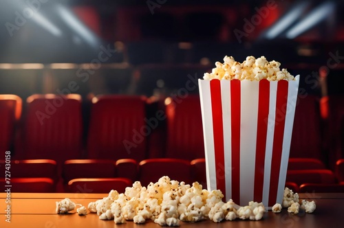 Popcorn and movie tickets. Delicious popcorn in a red striped carton box on a cinema hall background with copy space. Bucket of cinema popcorn in a red and white box with exploding popcorn pieces