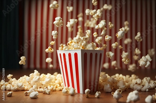 Popcorn and movie tickets. Delicious popcorn in a red striped carton box on a cinema hall background with copy space. Bucket of cinema popcorn in a red and white box with exploding popcorn pieces