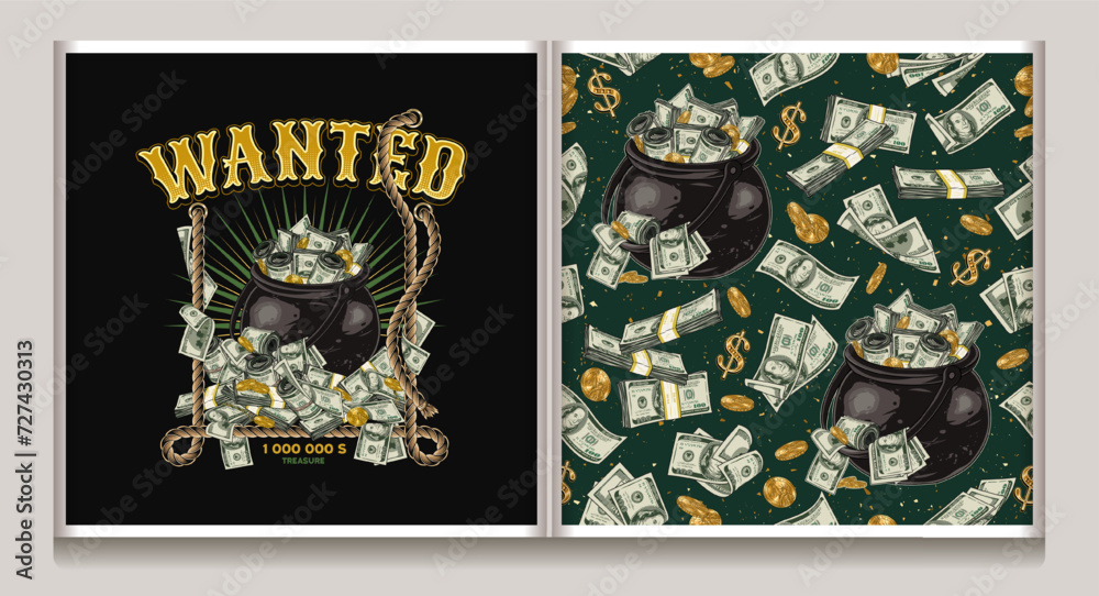 Money seamless pattern, label with cast iron cauldron full of cash money in vintage style. Scattered gold one dollar coins, wads, stacks of 100 US dollar banknotes Detailed vintage illustration Not AI