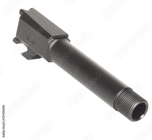 9 mm chambered handgun barrel threaded on the muzzle end