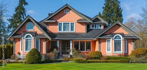 Peach-colored suburban house with conventional windows, on a sizable plot, during a bright sunny day. © ZUBI CREATIONS