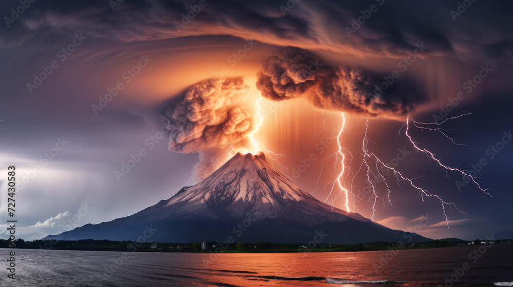Majestic Volcano Erupting With Massive Smoke Cloud and Lightning
