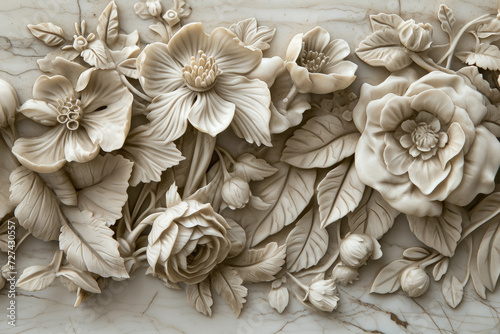 Design a relief sculpture inspired by nature, with intricate details of leaves and flowers © Formoney