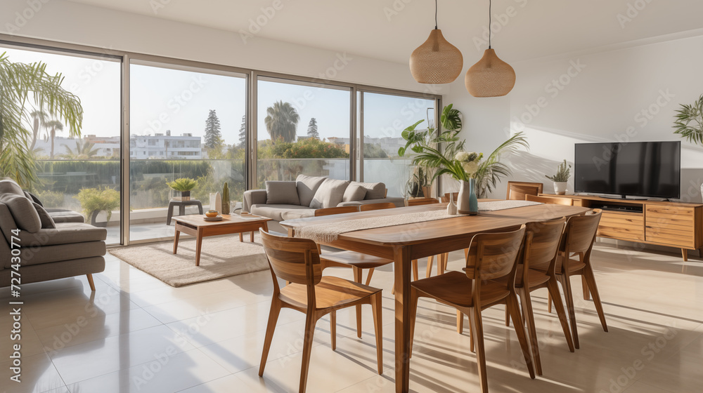 Set of dark wooden furniture in the beige color dining room. Concept of design and stylish light interior