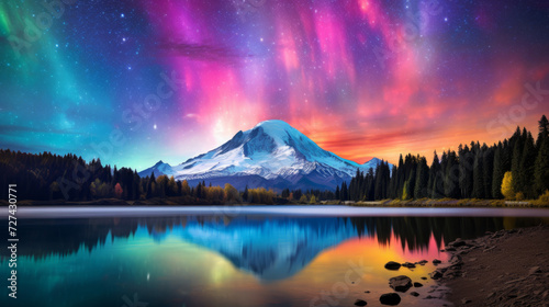 Majestic Mountain Covered in Colorful Sky Next to a Lake