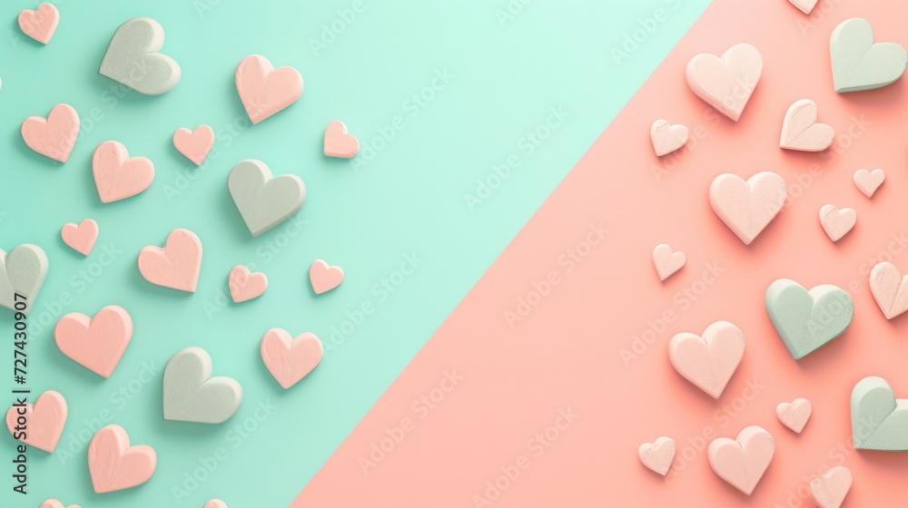 A calm and refined background in pastel peach and mint tones, decorated with stylish geometric hearts in a minimalist style A calm and refined background in pastel peach and mint tones, decorated with stylish geometric hearts in a minimalist style