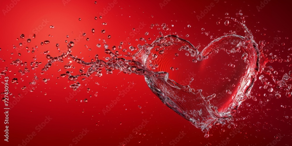 a dynamic heart-shaped water splash, clear and sparkling, on a gradient red background. Vibrant and lively a dynamic heart-shaped water splash, clear and sparkling, on a gradient red background. Vibrant and lively