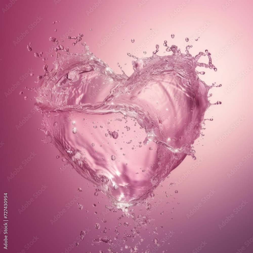 A dynamic heart-shaped water splash, clear and sparkling, on a gradient pink background A dynamic heart-shaped water splash, clear and sparkling, on a gradient pink background
