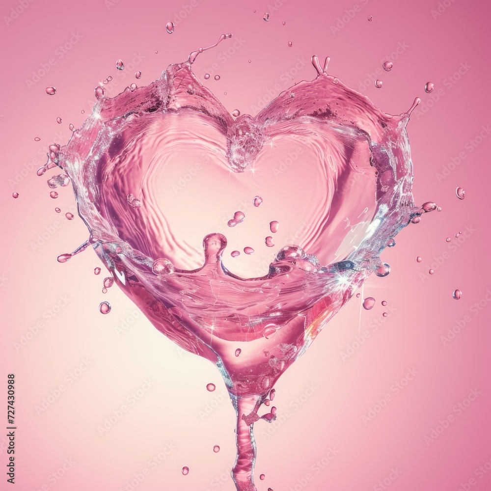 A dynamic heart-shaped water splash, clear and sparkling, on a gradient pink background A dynamic heart-shaped water splash, clear and sparkling, on a gradient pink background