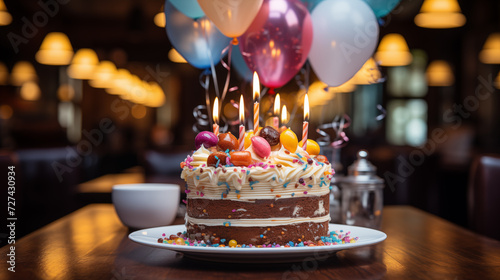 Birthday cake with different decorations from fresh flowers and candles