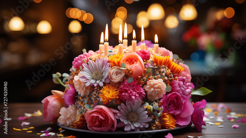 Birthday cake with different decorations from fresh flowers and candles