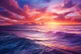 picturesque sunset over a calm ocean, with hues of orange, pink, and purple in the sky