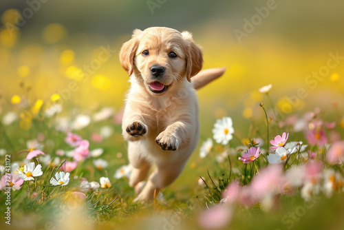 playful puppy chasing its tail in a field of flowers.