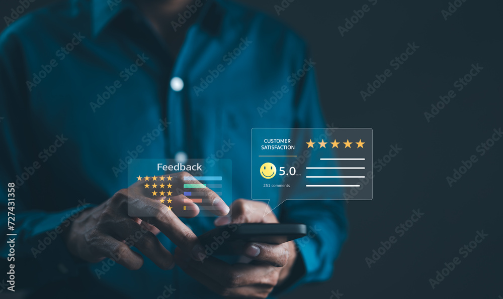 Customer satisfaction survey concept. Service experience rating online application, Evaluation of product service quality by customer. User feedback and review satisfaction, 5 star score, happy smile, - obrazy, fototapety, plakaty 