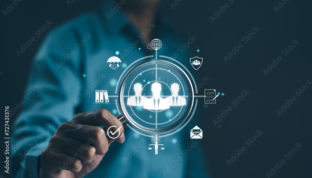 Fototapeta premium HR, human resources management technology concept. Businessman select quality human from qualifications and information data for leadership in organization and company, CRM, Recruitment Employment,