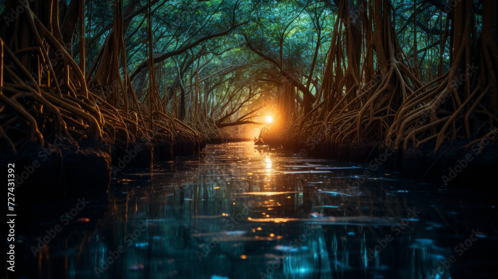 A Person Walking Through a Swamp at Night