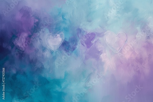Abstract canvas blending lavender and turquoise hues, adorned with floating hearts creating an airy elegance