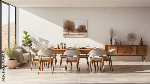 Set of dark wooden furniture in the beige color dining room. Concept of design and stylish light interior © lisssbetha