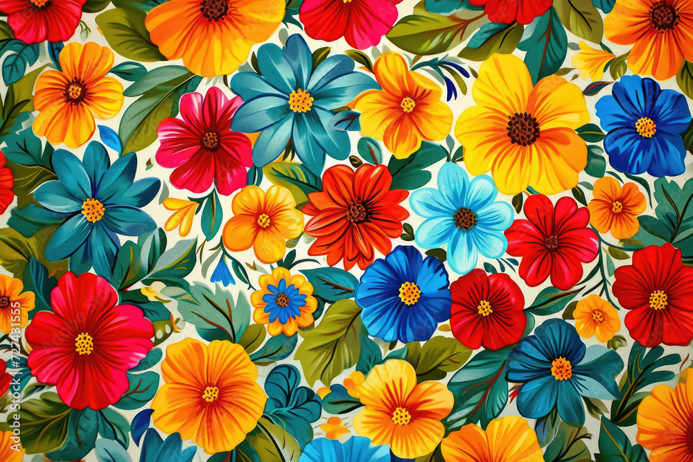 colorful floral pattern with vibrant red, yellow, and blue flowers, surrounded by green leaves