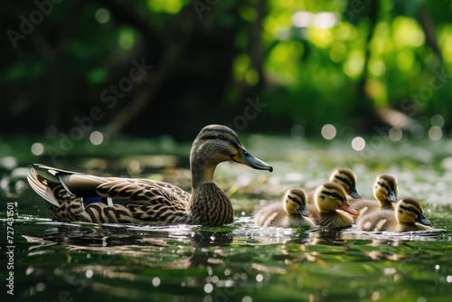 family of ducks swimming happily in a pond