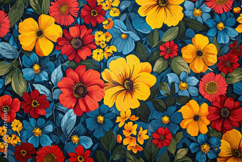 colorful floral pattern with vibrant red, yellow, and blue flowers, surrounded by green leaves