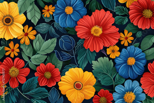 colorful floral pattern with vibrant red  yellow  and blue flowers  surrounded by green leaves