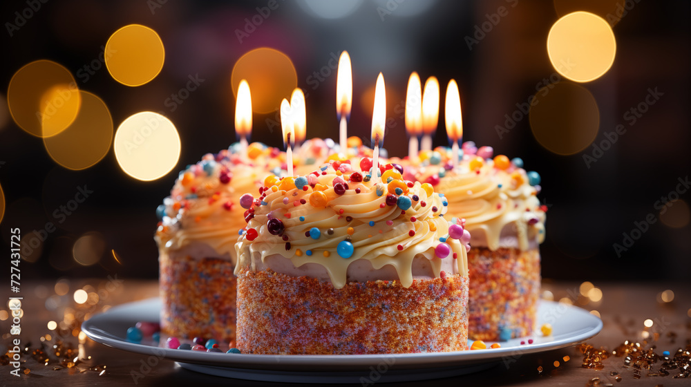 Birthday cake with different decorations from fresh flowers and candles Birthday cake with different decorations from fresh flowers and candles