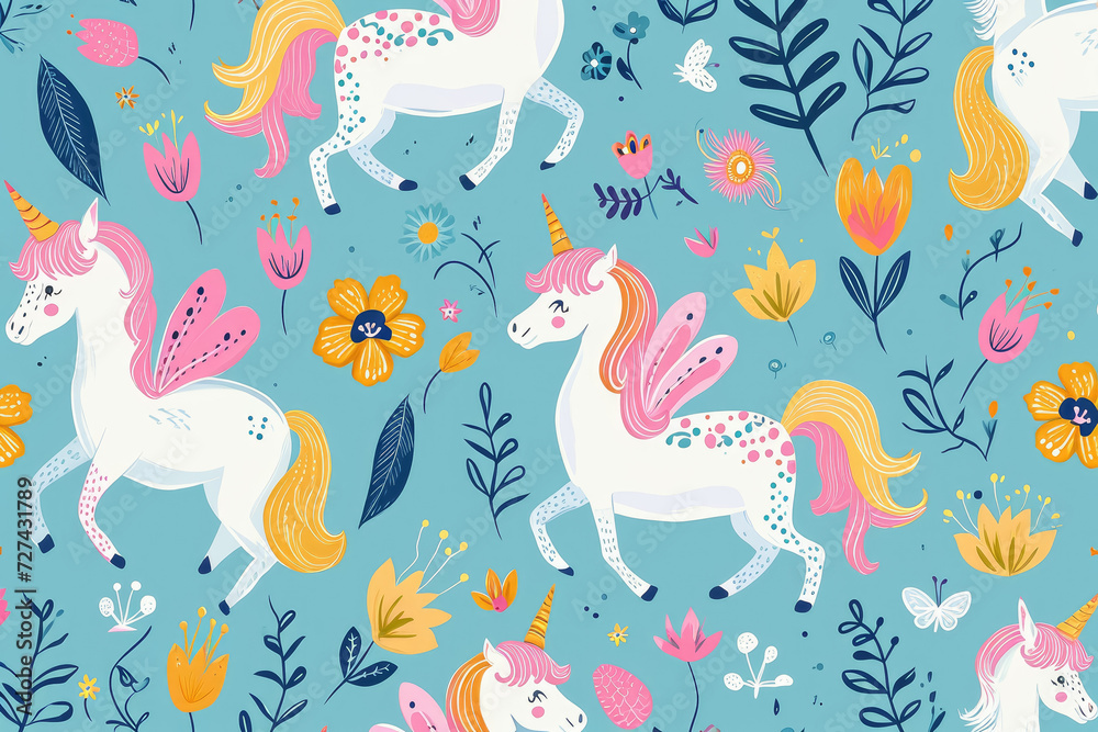 Imagine a whimsical pattern with whimsical creatures like unicorns and fairies