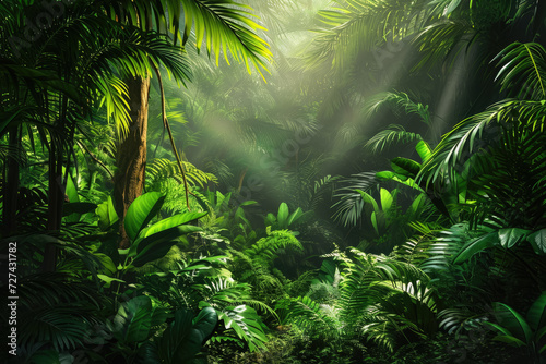 Imagine a wild and untamed jungle with dense foliage and exotic animals hidden within