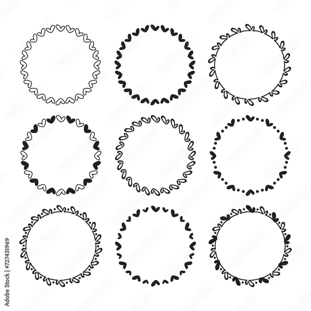Cute assorted black empty cartoon heart shape round emblems border design elements icons set on white background Cute assorted black empty cartoon heart shape round emblems border design elements icons set on white background