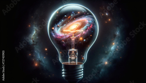 A creative concept image depicting a glowing light bulb with a vibrant galaxy and stars inside, symbolizing cosmic energy and ideas.Think differently creative idea concept.Generative AI 