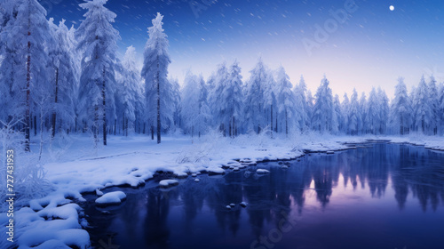 A Winter Scene With a River and Snow Covered Trees