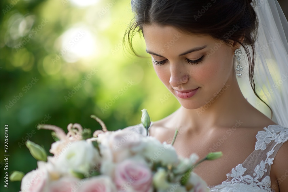 Pretty young woman on her wedding day, candid portrait of her face in her beautiful wedding dress.