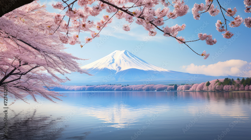 Painting of a Cherry Blossom Tree and Mountain